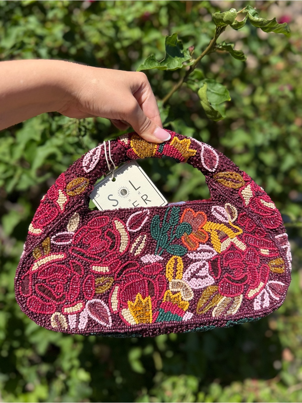 NWT Sol and Mer Floral Flowers Fall Autumn Burgundy Maroon Beaded Top Handle Bag